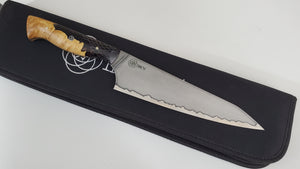 8" 20CV Chef knife - Black/Red Resin and Burl - Acid Etched