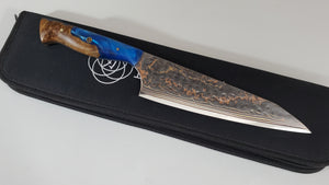 8" BrCu Mai VG10 Chef Knife - Blue Resin and Burl - Buffed